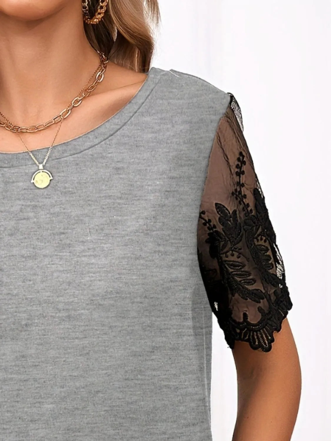 Lace Detail Round Neck Short Sleeve T-shirt (17)