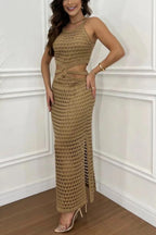 Cutout Slit Round Neck Sweater Dress (4)