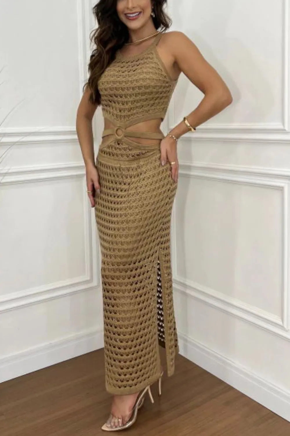 Cutout Slit Round Neck Sweater Dress (4)