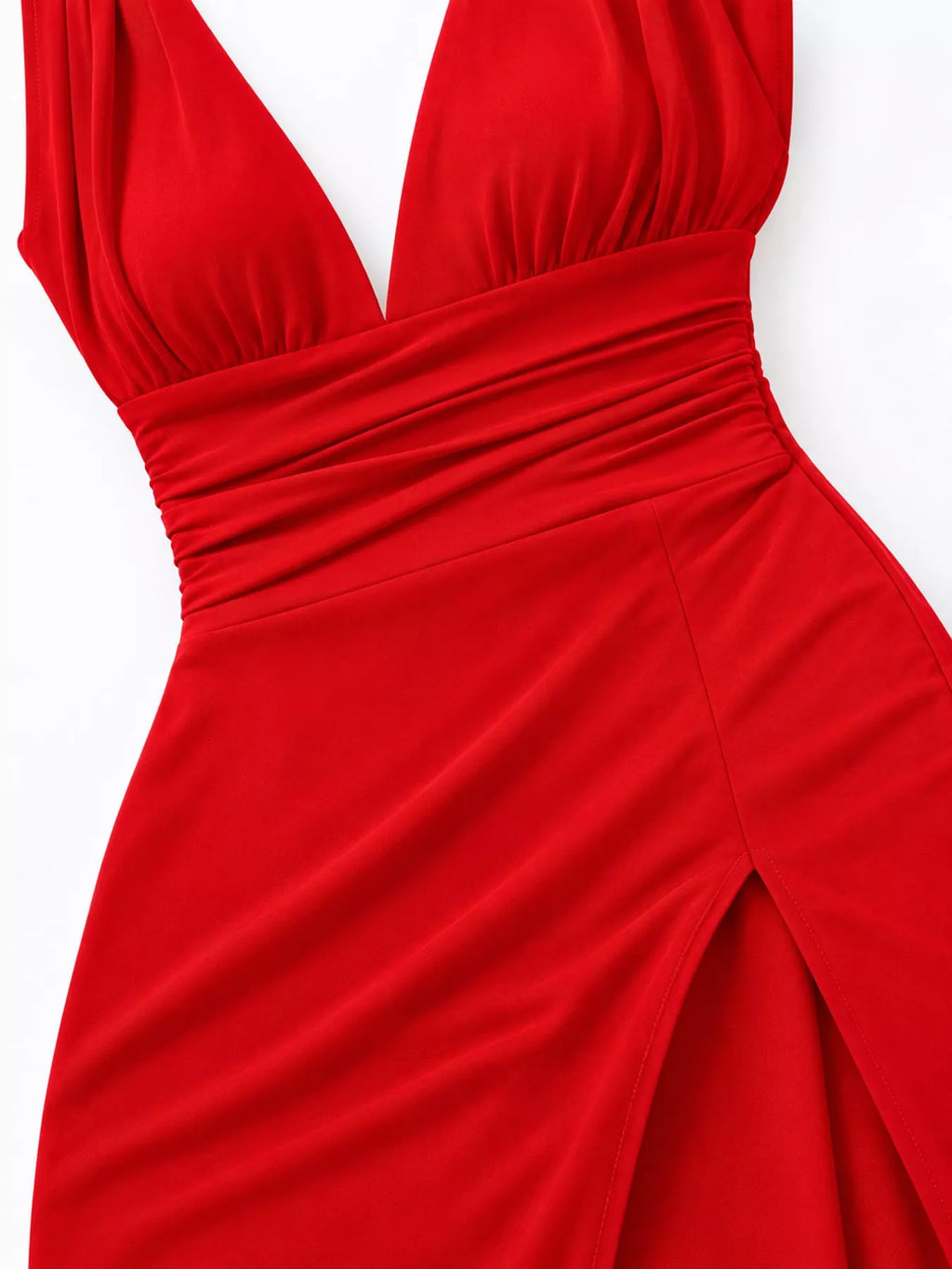 Sleeveless Deep V-neck Ruched High Slit Bodycon Dress (12)