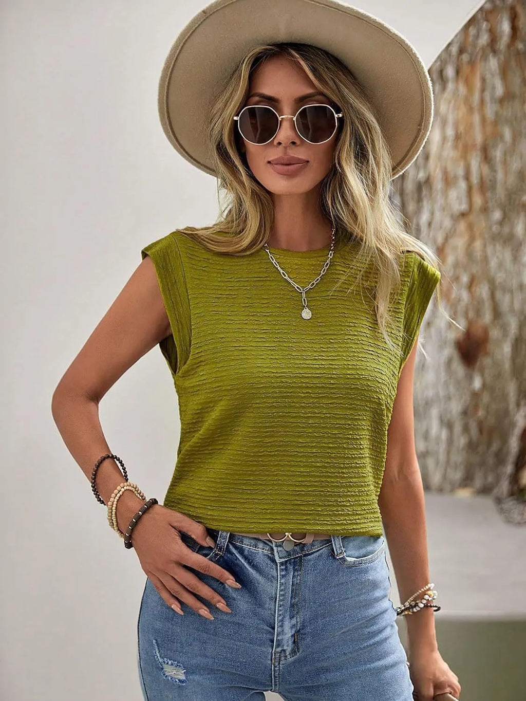 Textured Round Neck Cap Sleeve Top (5)