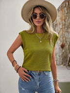 Textured Round Neck Cap Sleeve Top (5)
