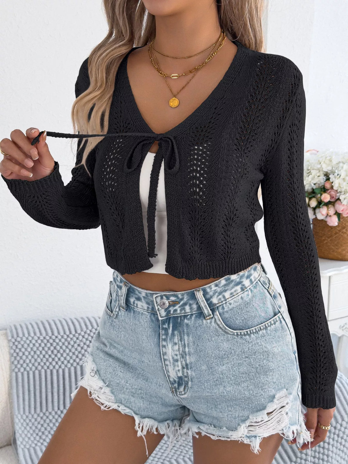 Crochet Knit Tie Front Cropped Cardigan (12)