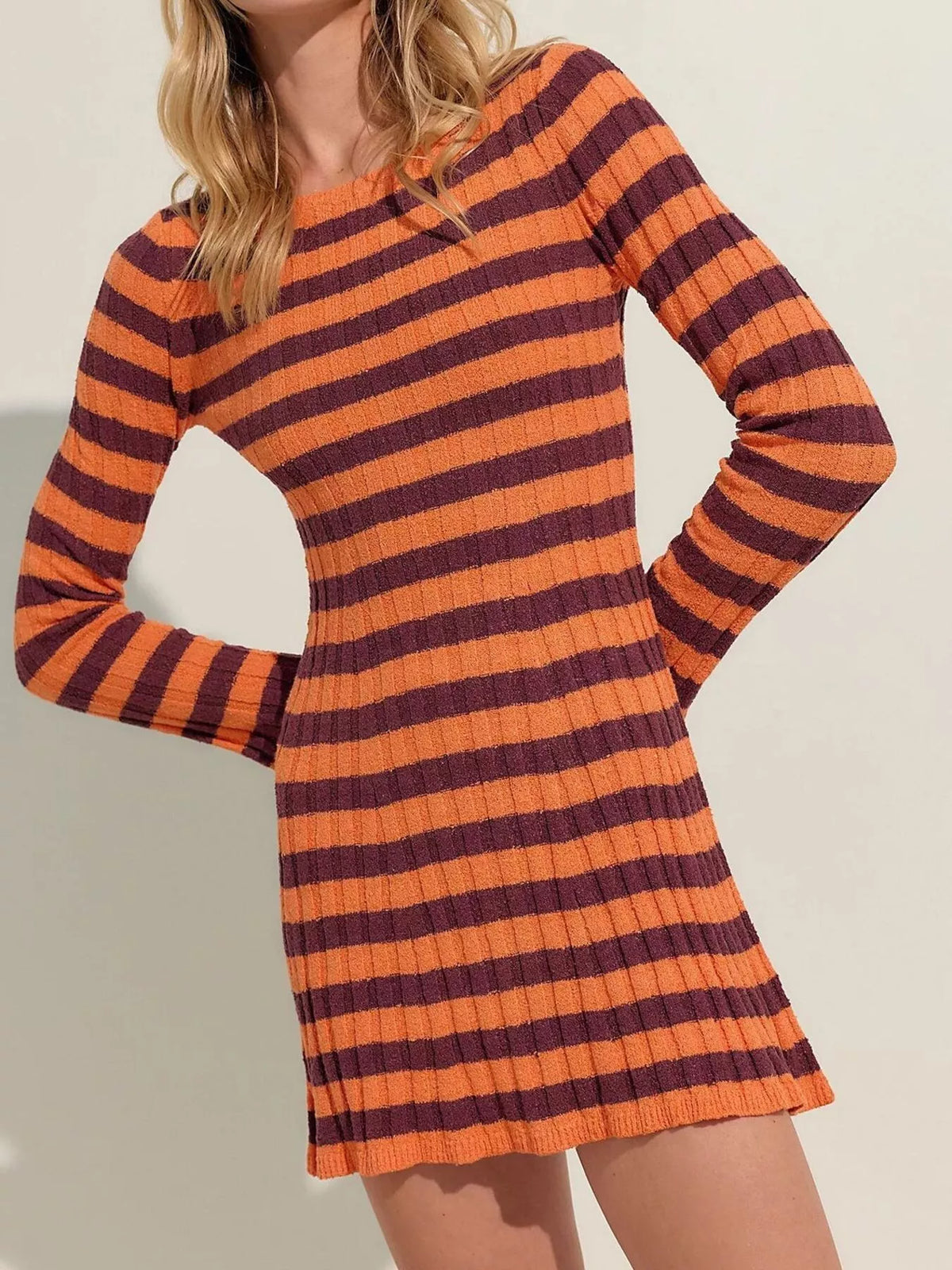 Striped Ribbed Knit Long Sleeve Sweater Dress (6)