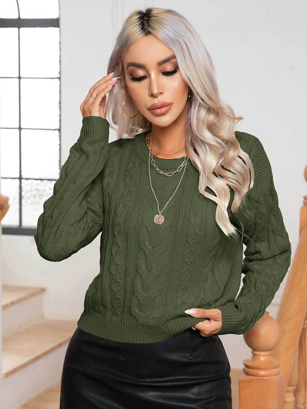 Cable-knit Round Neck Long Sleeve Sweater (6)