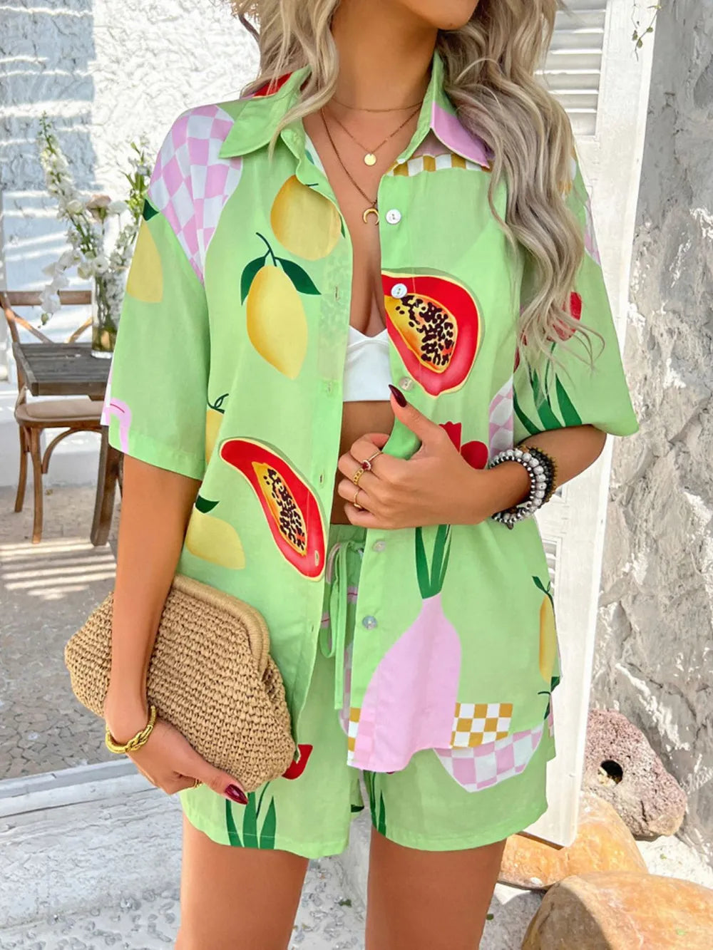 Printed Button Down Shirt Shorts Set (28)