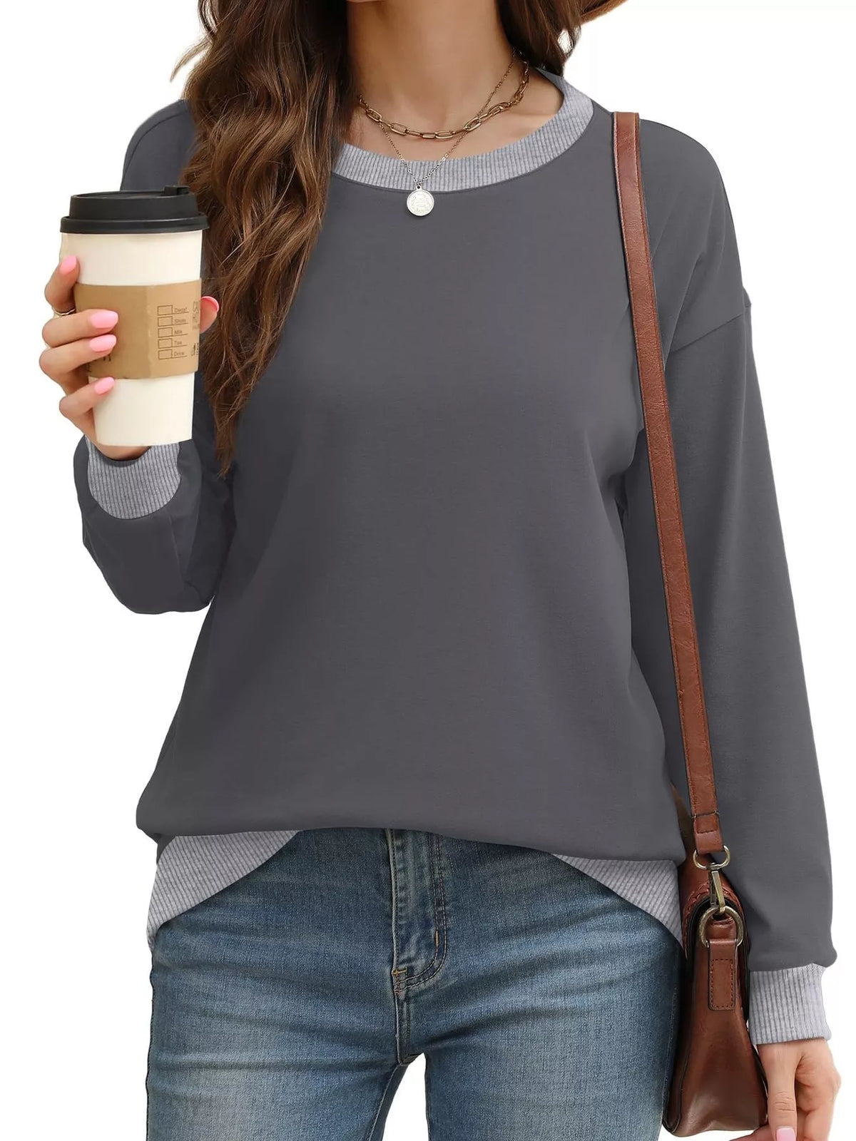 Contrast Trim Crew Neck Casual Sweatshirt (10)
