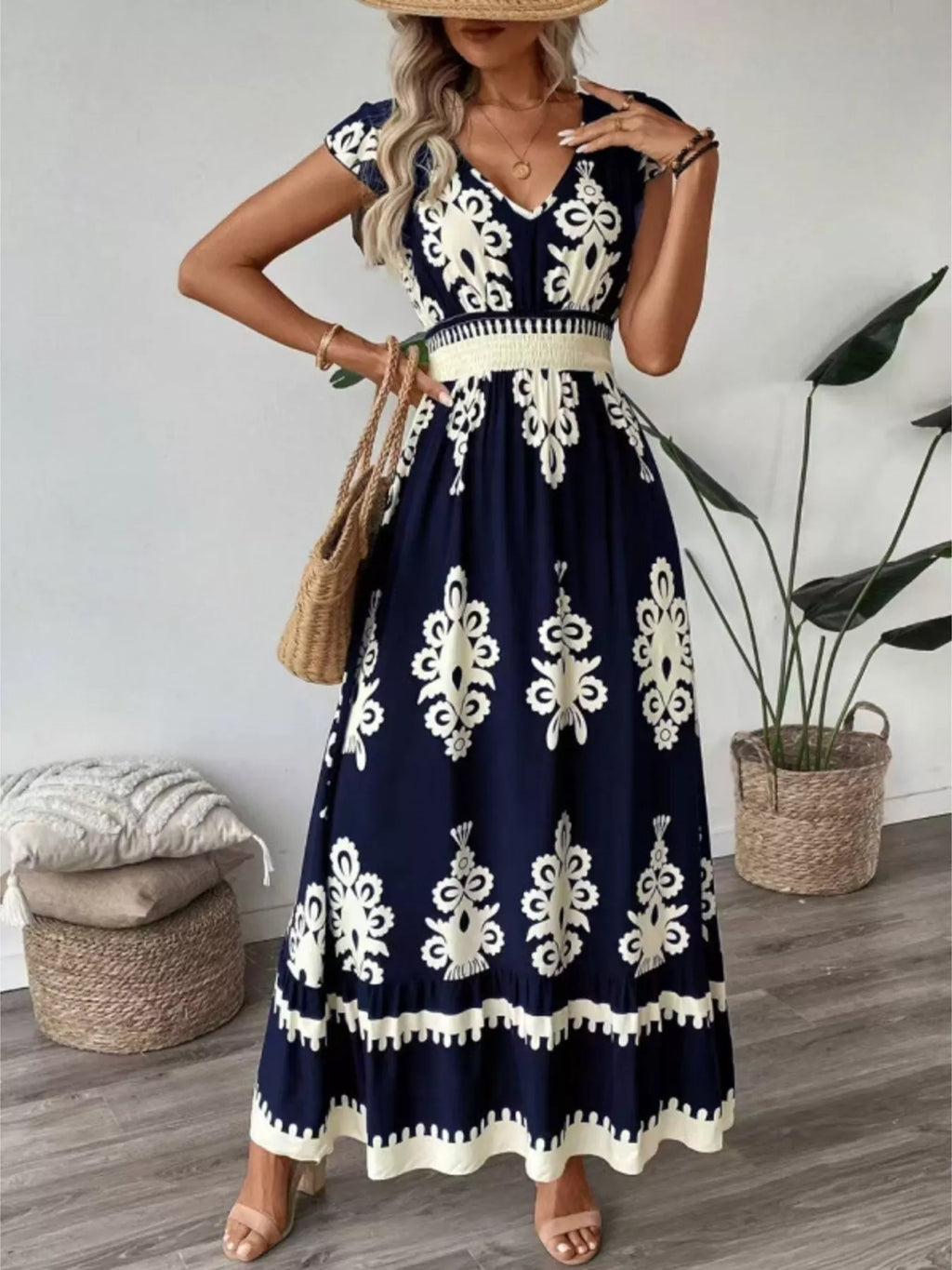 Printed V-neck Ruffled Cap Sleeve Dress (17)