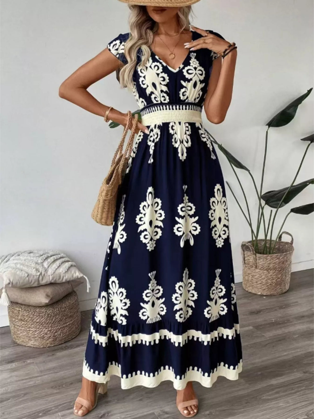 Printed V-neck Ruffled Cap Sleeve Dress (17)
