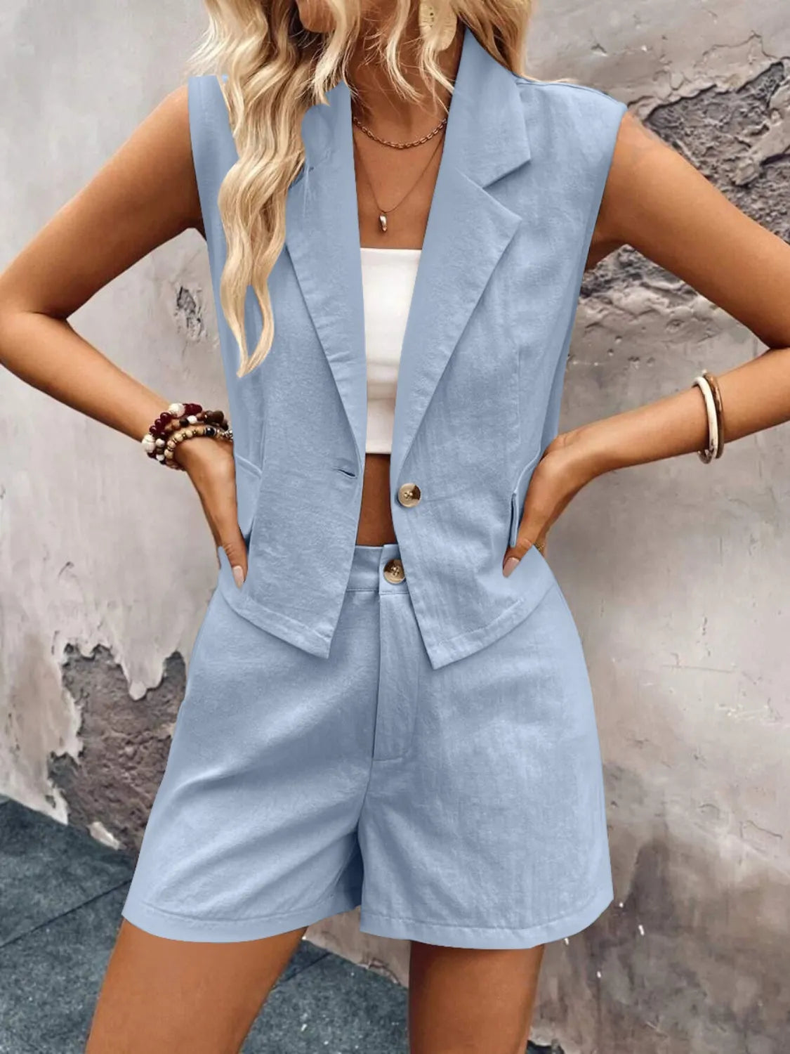 One Button Sleeveless Top Shorts Set (9)