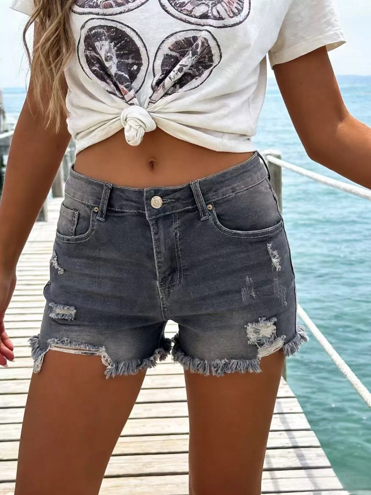 Distressed Frayed Hem Denim Shorts (7)
