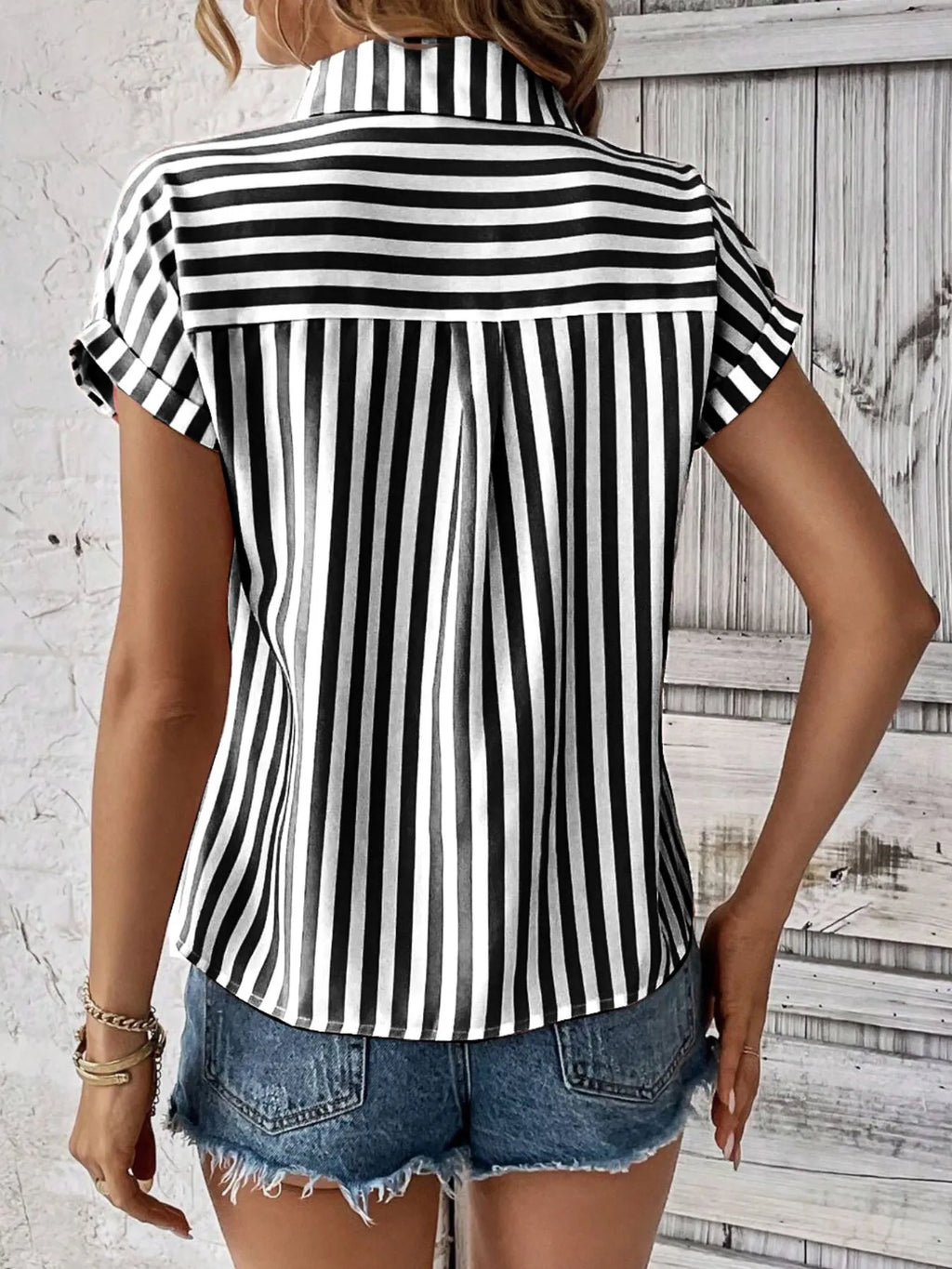 Striped Button-up Short Sleeve Shirt Pocket (9)