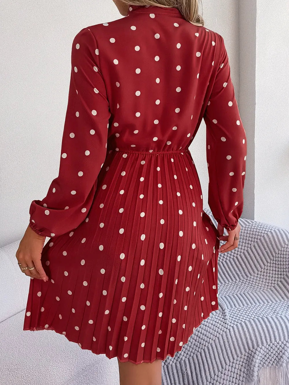 Polka Dot Tie Neck Pleated Dress (14)