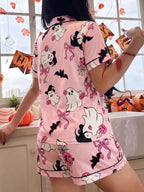 Halloween Ghost Print Button-down Top Shorts Lounge Set (8)