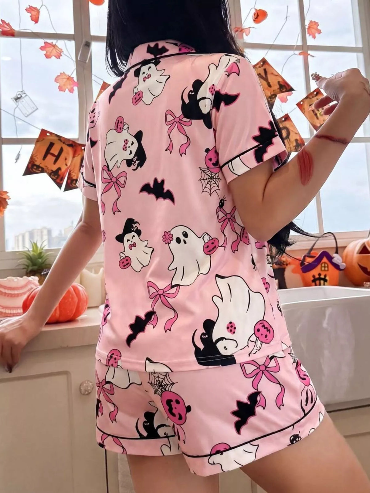 Halloween Ghost Print Button-down Top Shorts Lounge Set (8)