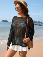 Openwork Slit Boat Neck Long Sleeve Cover-up (13)