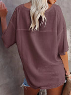 Waffle Knit V-neck Short Sleeve T-shirt (25)