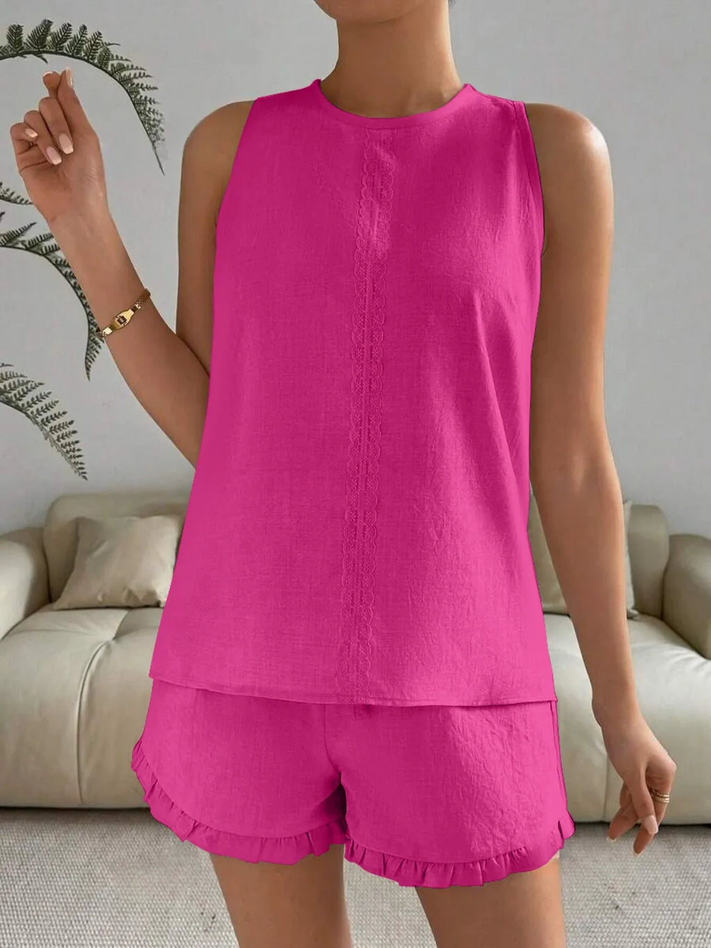 Lace Detail Round Neck Tank Shorts Set (21)