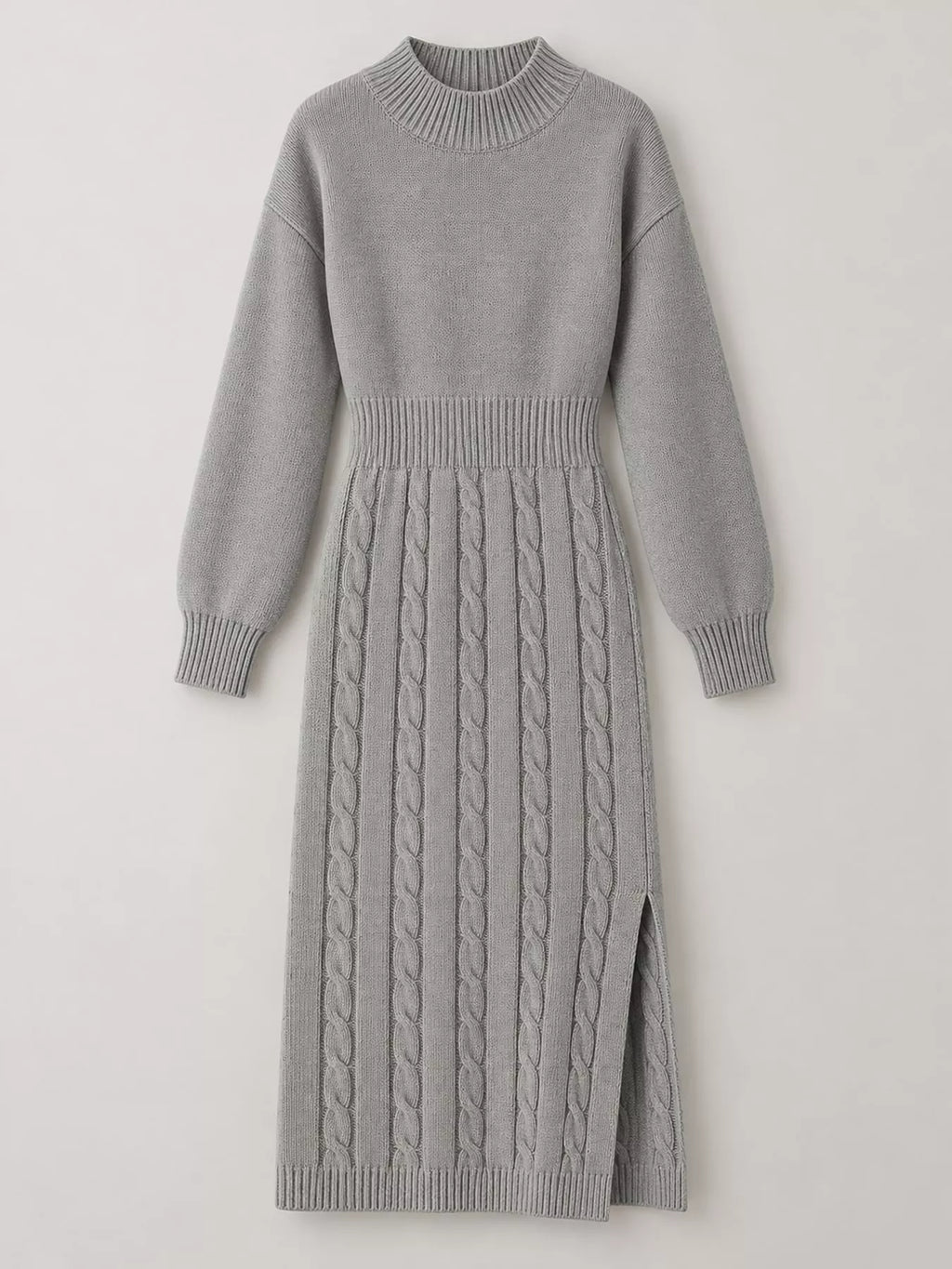 Full Size Mock Neck Cable Knit Sweater Dress Front Slit Plus (37)
