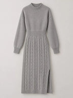 Full Size Mock Neck Cable Knit Sweater Dress Front Slit Plus (37)