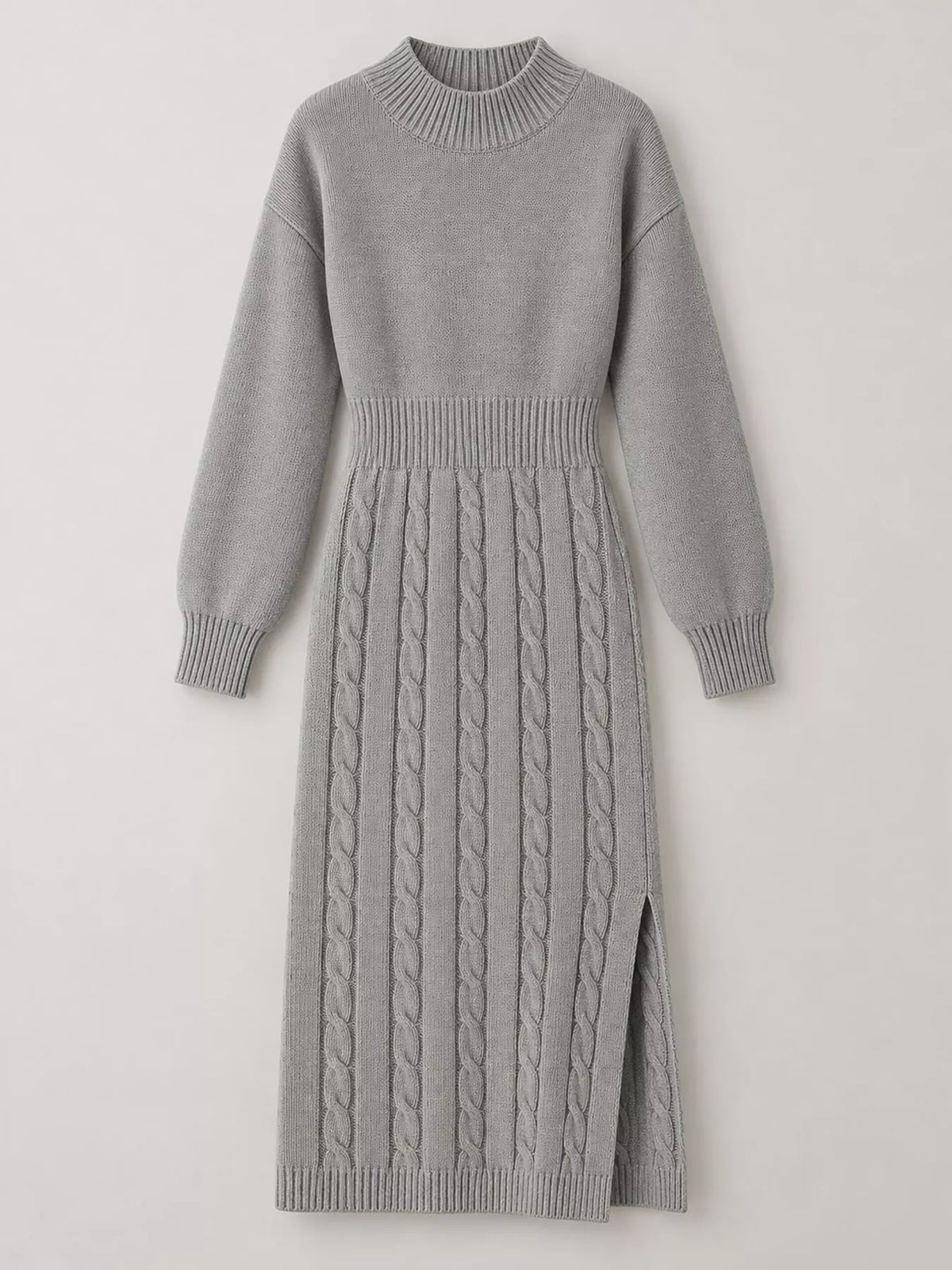Full Size Mock Neck Cable Knit Sweater Dress Front Slit Plus (37)