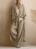 Full Size Tie-front Cardigan Wide-leg Pants Set Plus