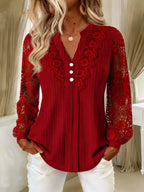 Lace Long Sleeve Notched Blouse