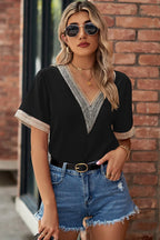 Openwork V-neck Short Sleeve T-shirt (8)