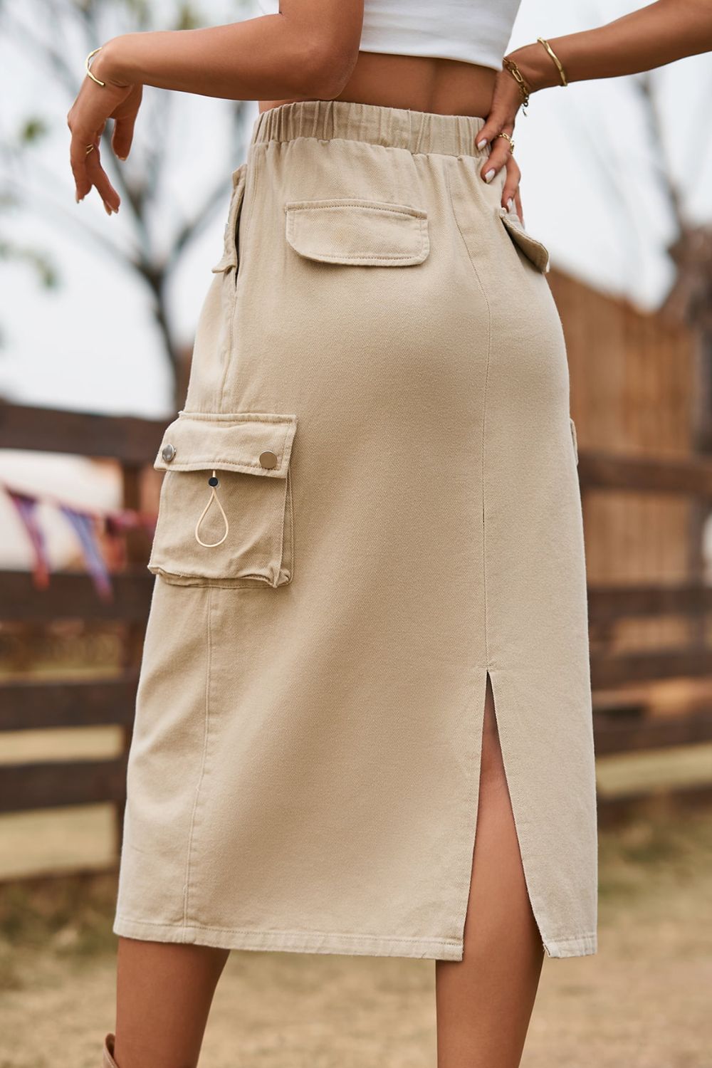 Drawstring Waist Slit Denim Skirt (2)