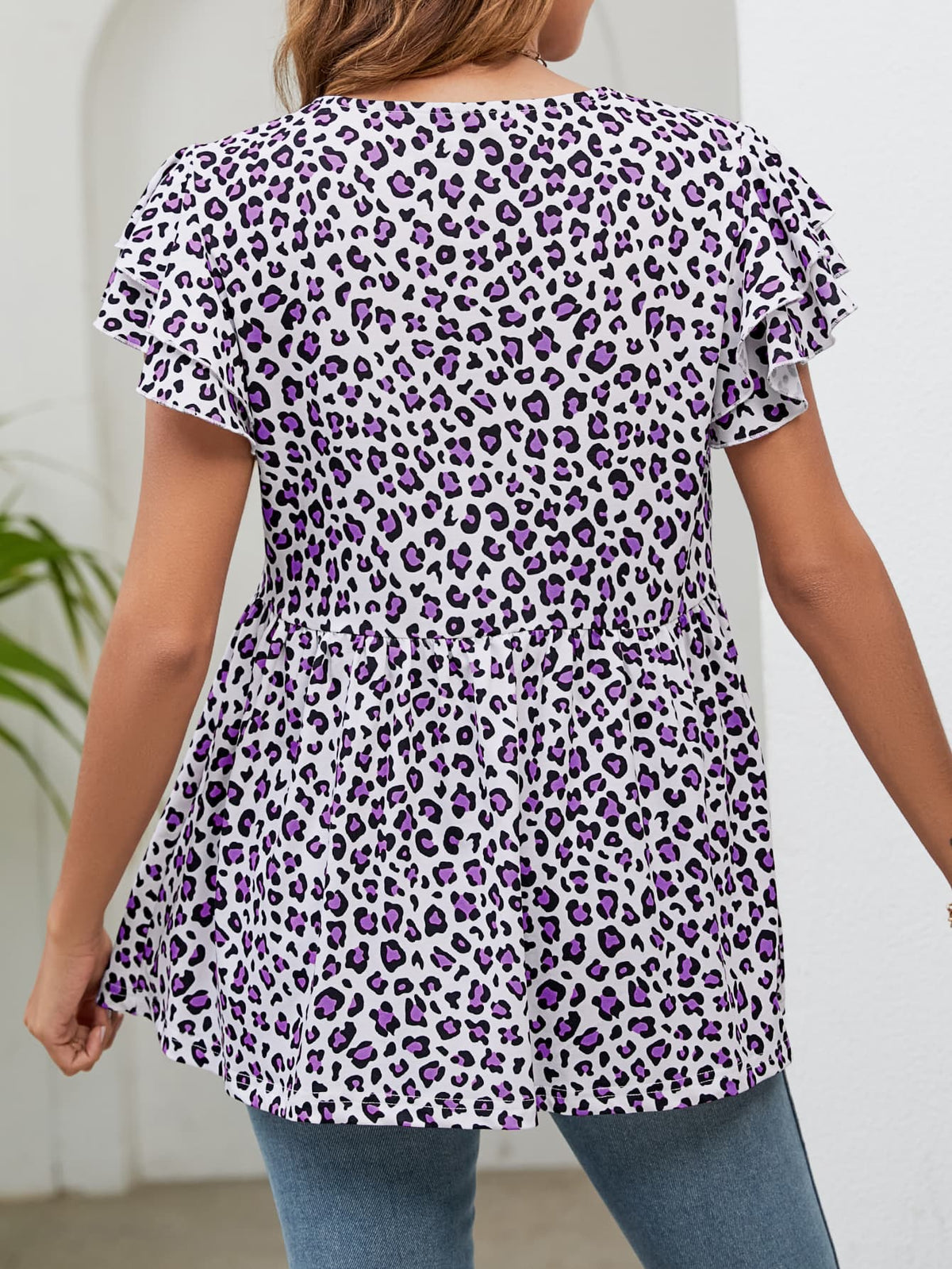Leopard Round Neck Flutter Sleeve Babydoll Blouse (6)