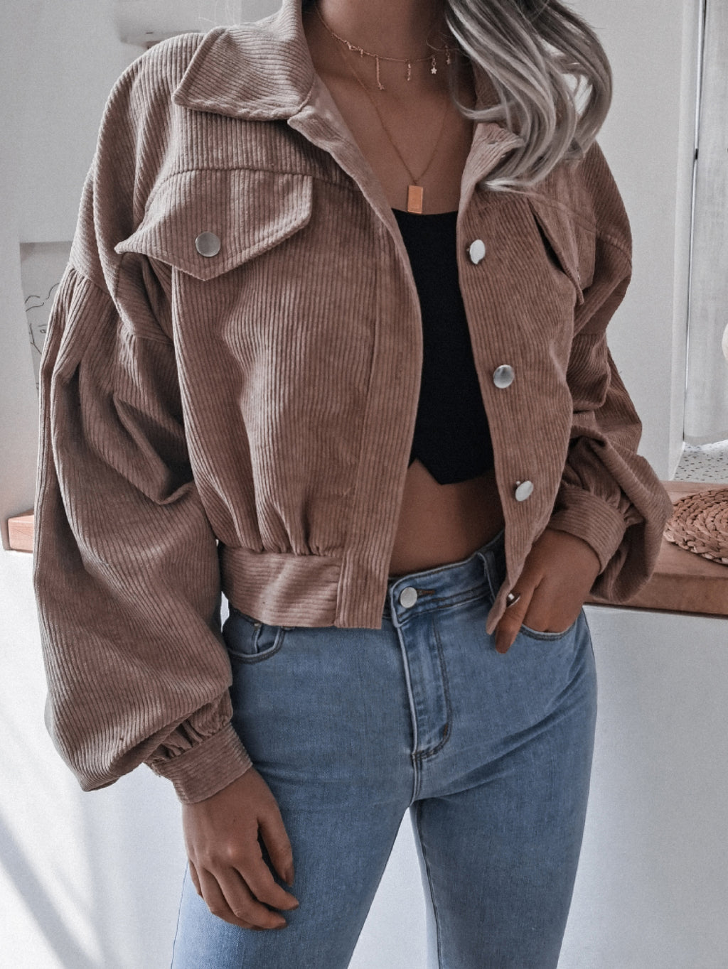 Lantern Sleeve Cropped Corduroy Jacket (5)