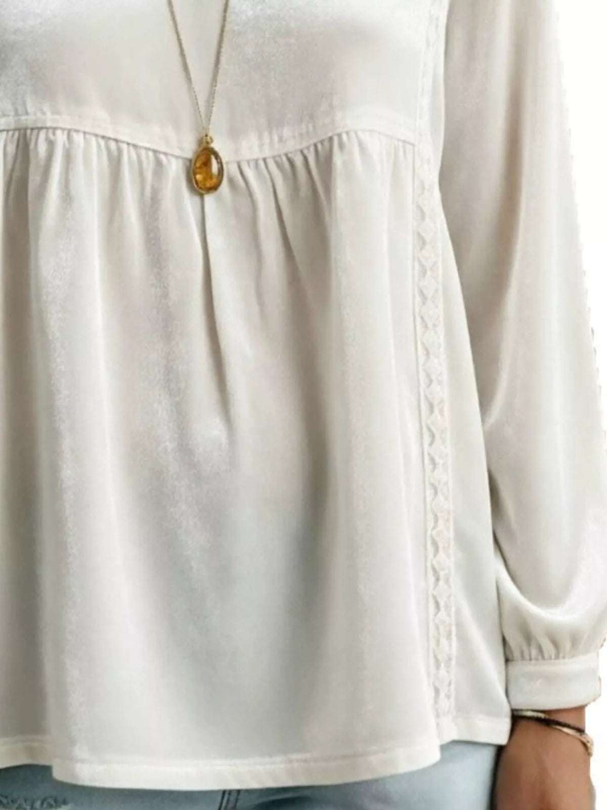 Full Size V-neck Long Sleeve Velvet Blouse Lace Trim Plus (3)