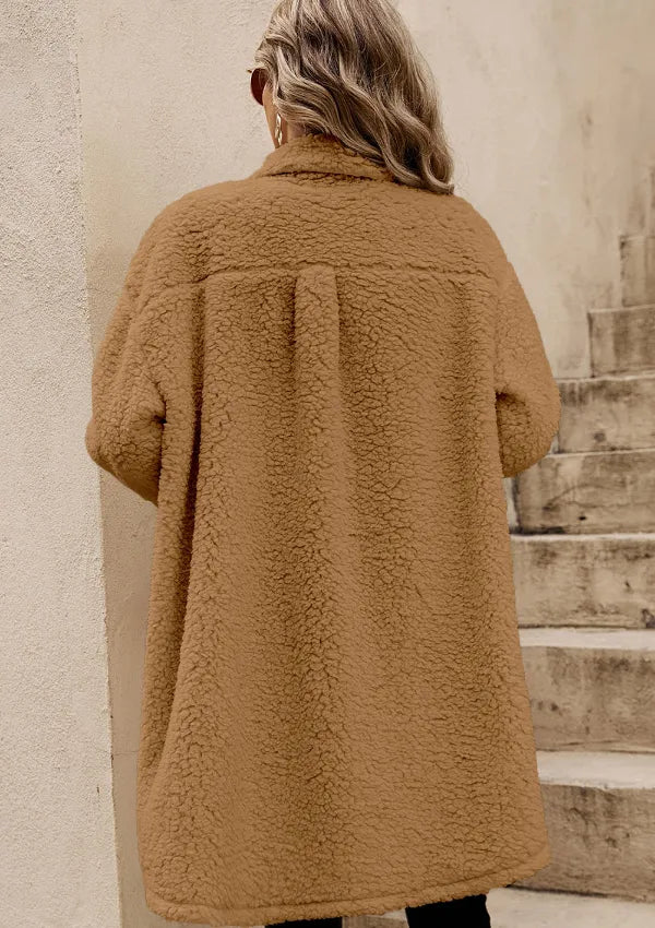 Collared Neck Long Sleeve Longline Teddy Jacket (10)