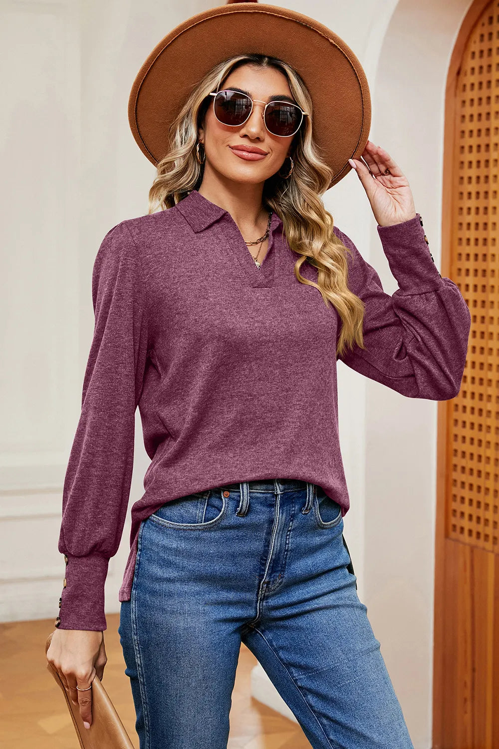 Decorative Button Johnny Collar Lantern Sleeve Blouse (14)