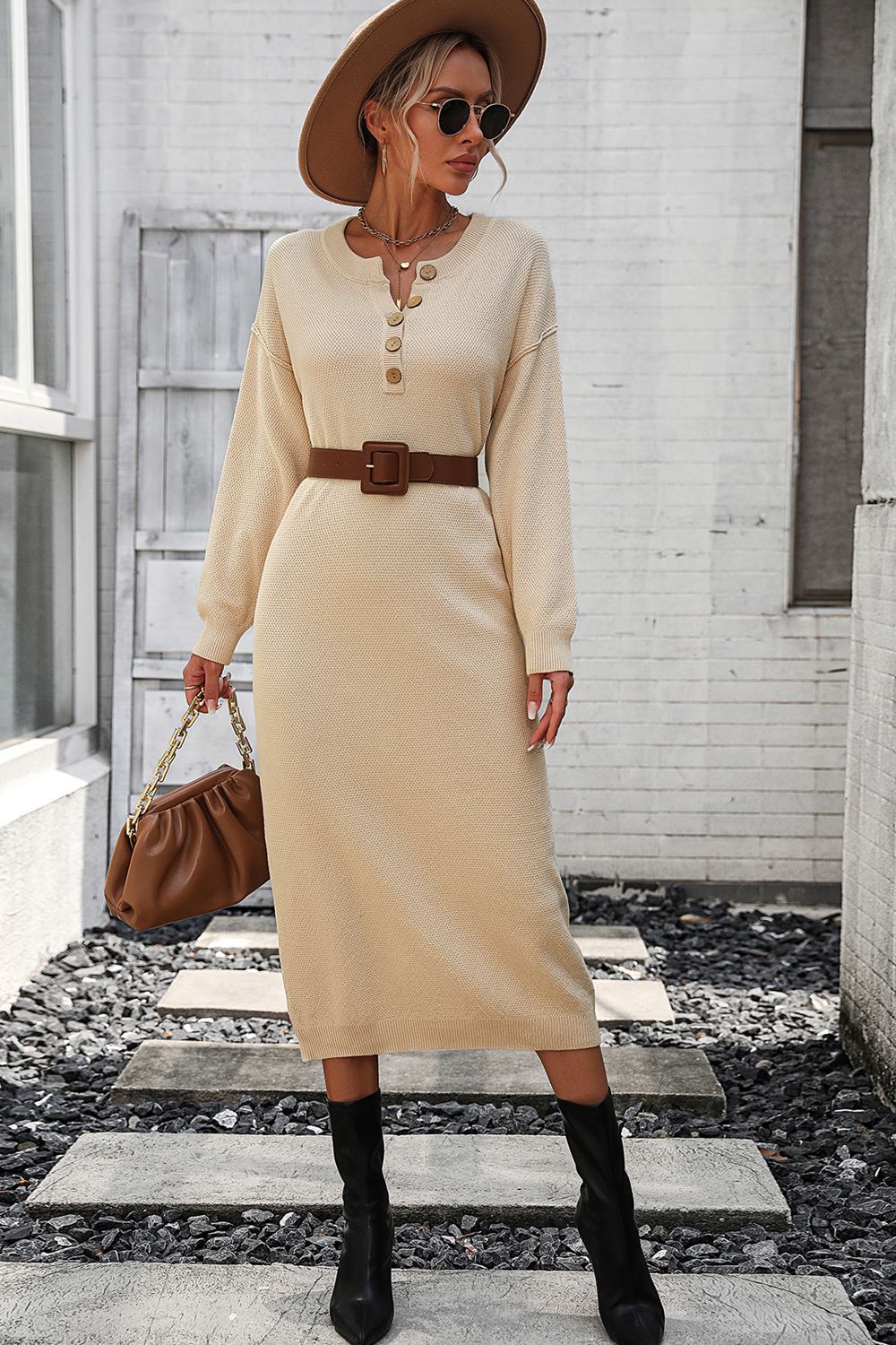 Notched Neck Dropped Shoulder Button-down Midi Dress (21)