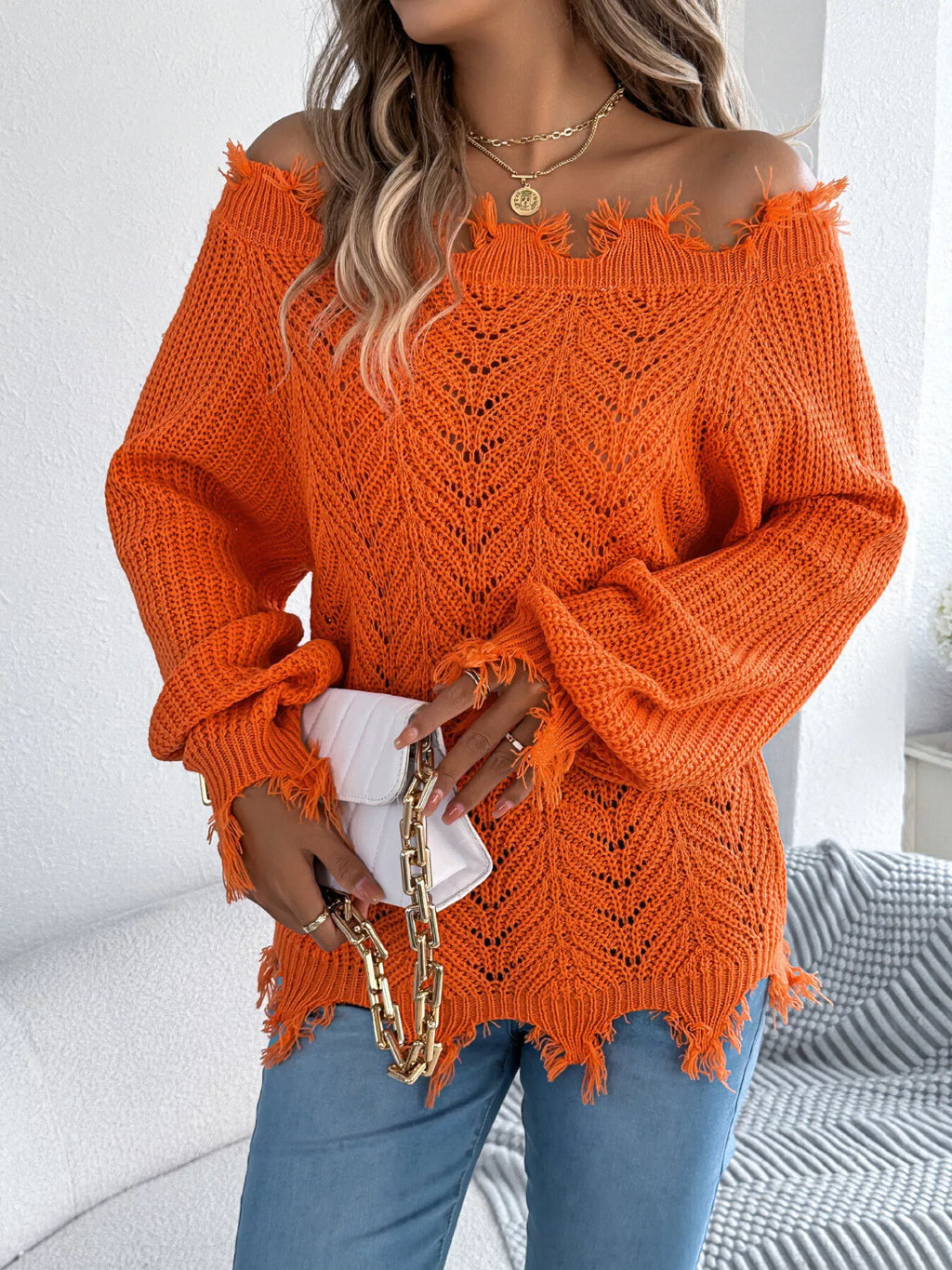 Distressed Hem Openwork Off-shoulder Sweater (5)