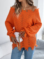 Distressed Hem Openwork Off-shoulder Sweater (5)