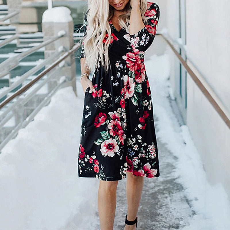 Printed Long Sleeve V-neck Pocket Dress photo 1
