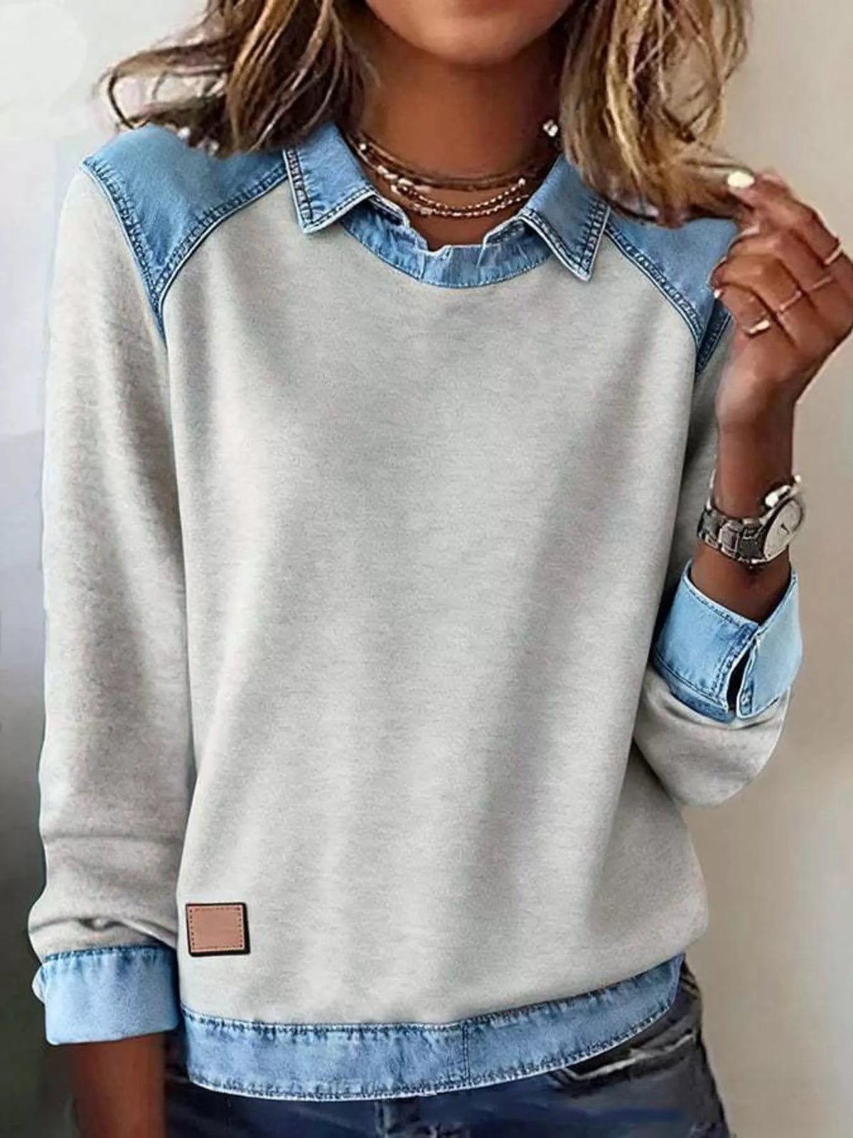 Full Size Denim Trim Long Sleeve Top Plus (5)
