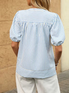 Striped Notched Puff Sleeve Blouse (4)