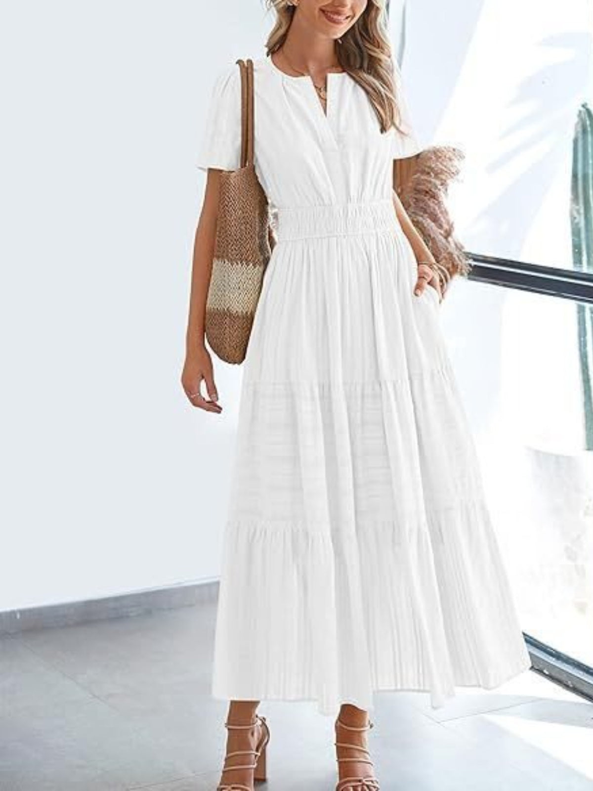 Notched Short Sleeve Tiered Dress (14)