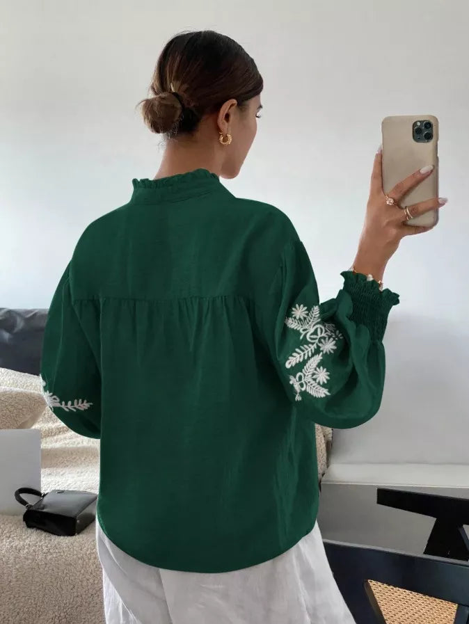 Embroidered Notched Long Sleeve Blouse (20)