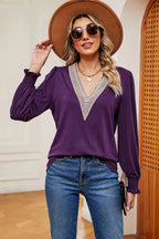 Lace Detail V-neck Lantern Sleeve T-shirt (14)