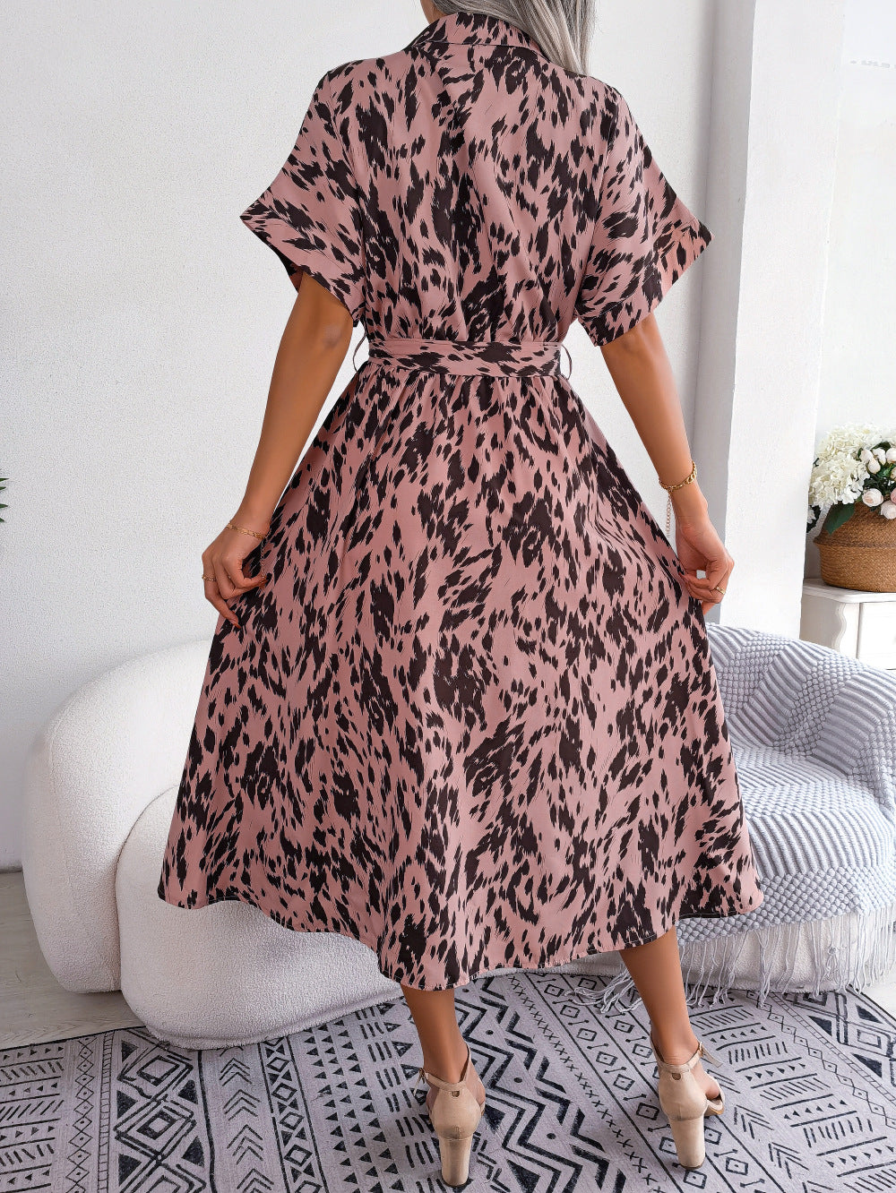 Printed Collared Neck Short Sleeve Tie Waist Dress (7)