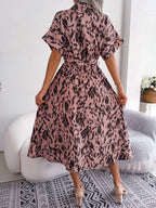 Printed Collared Neck Short Sleeve Tie Waist Dress (7)