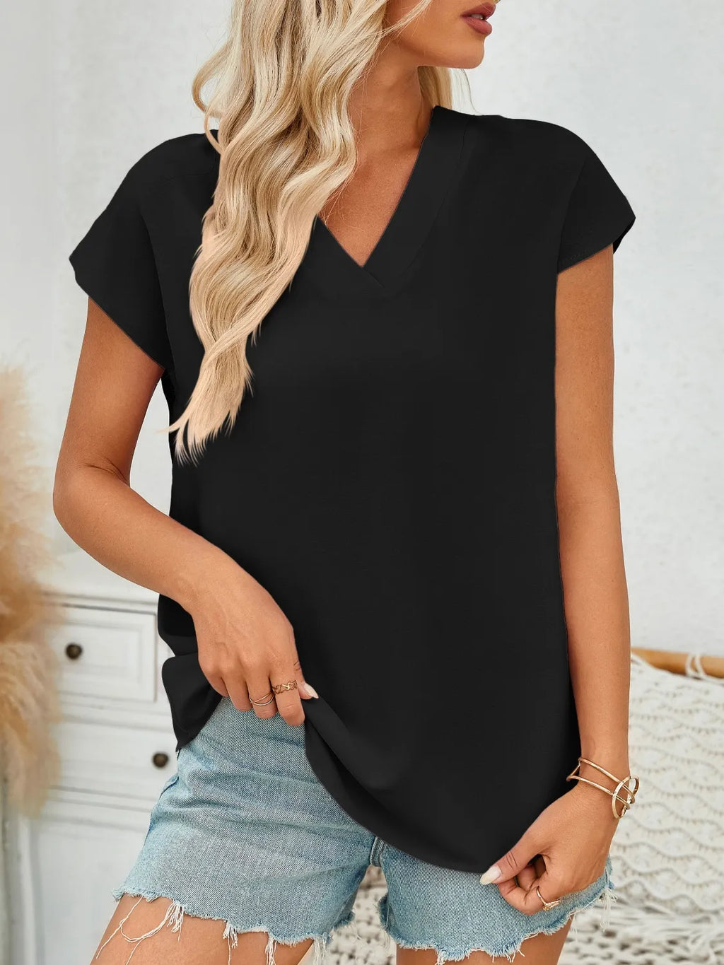 V-neck Cap Sleeve Blouse (18)