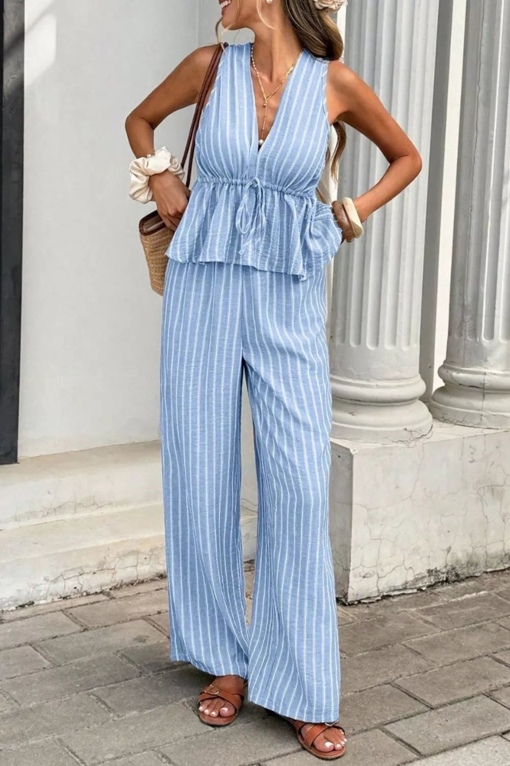 Striped Sleeveless Top Wide Leg Pants Set (13)