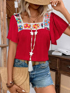 Embroidered Square Neck Flutter Sleeve Blouse (5)