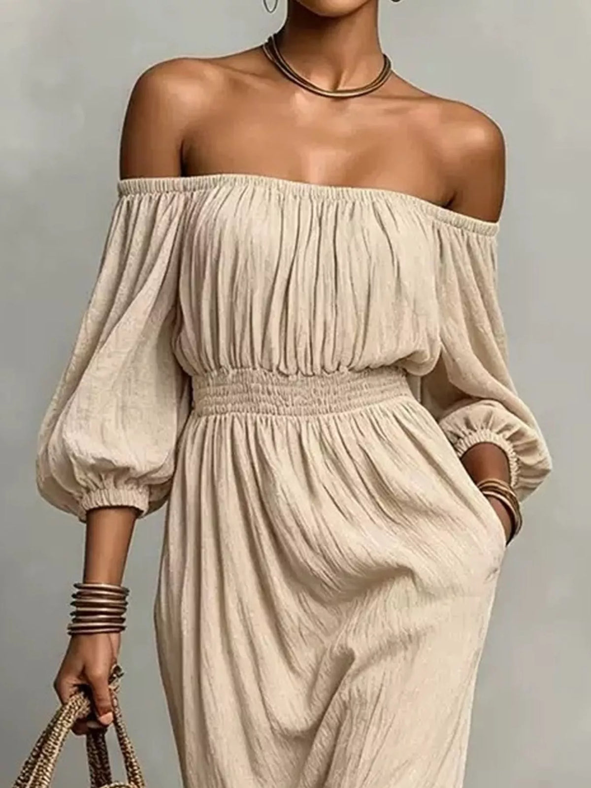 T Off-shoulder Smocked Waist Maxi Dress (3)