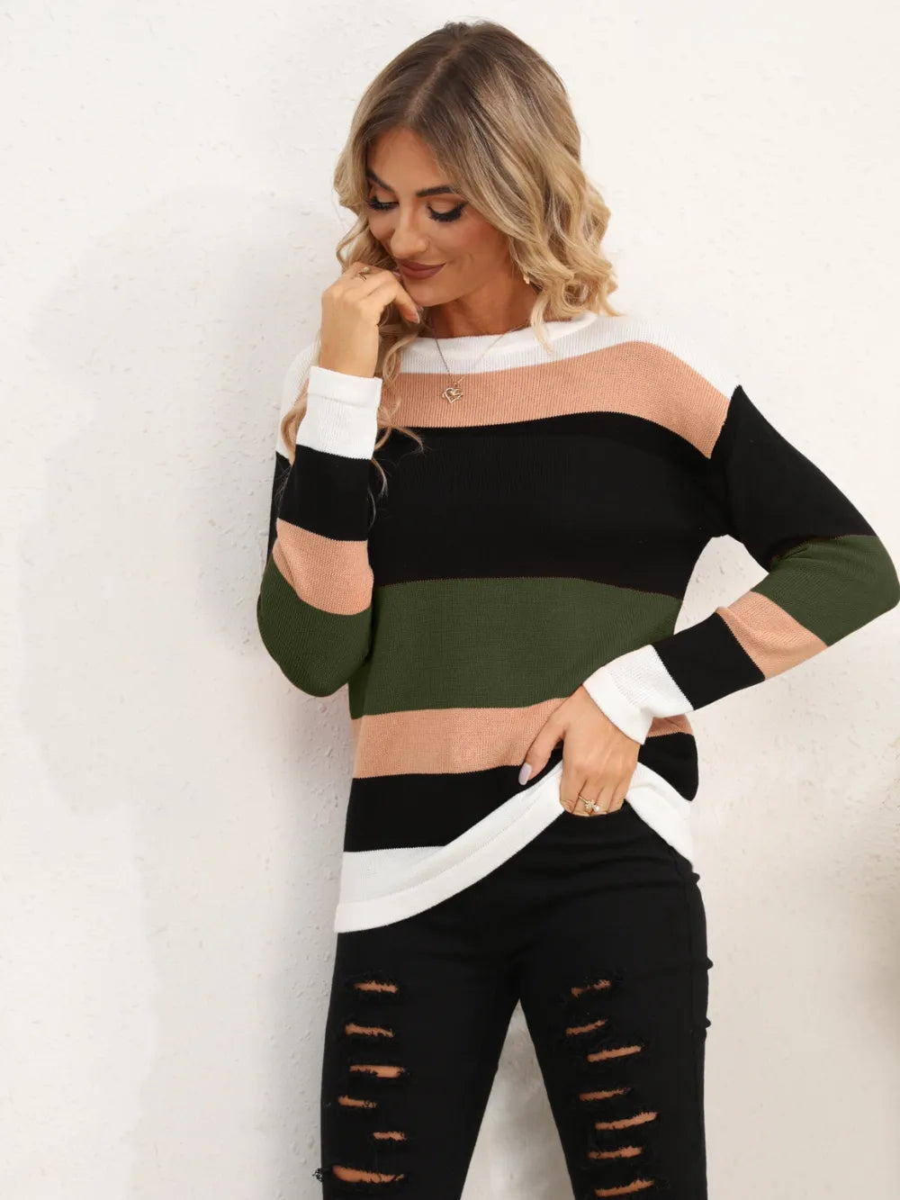 Striped Round Neck Dropped Shoulder Sweater (27)